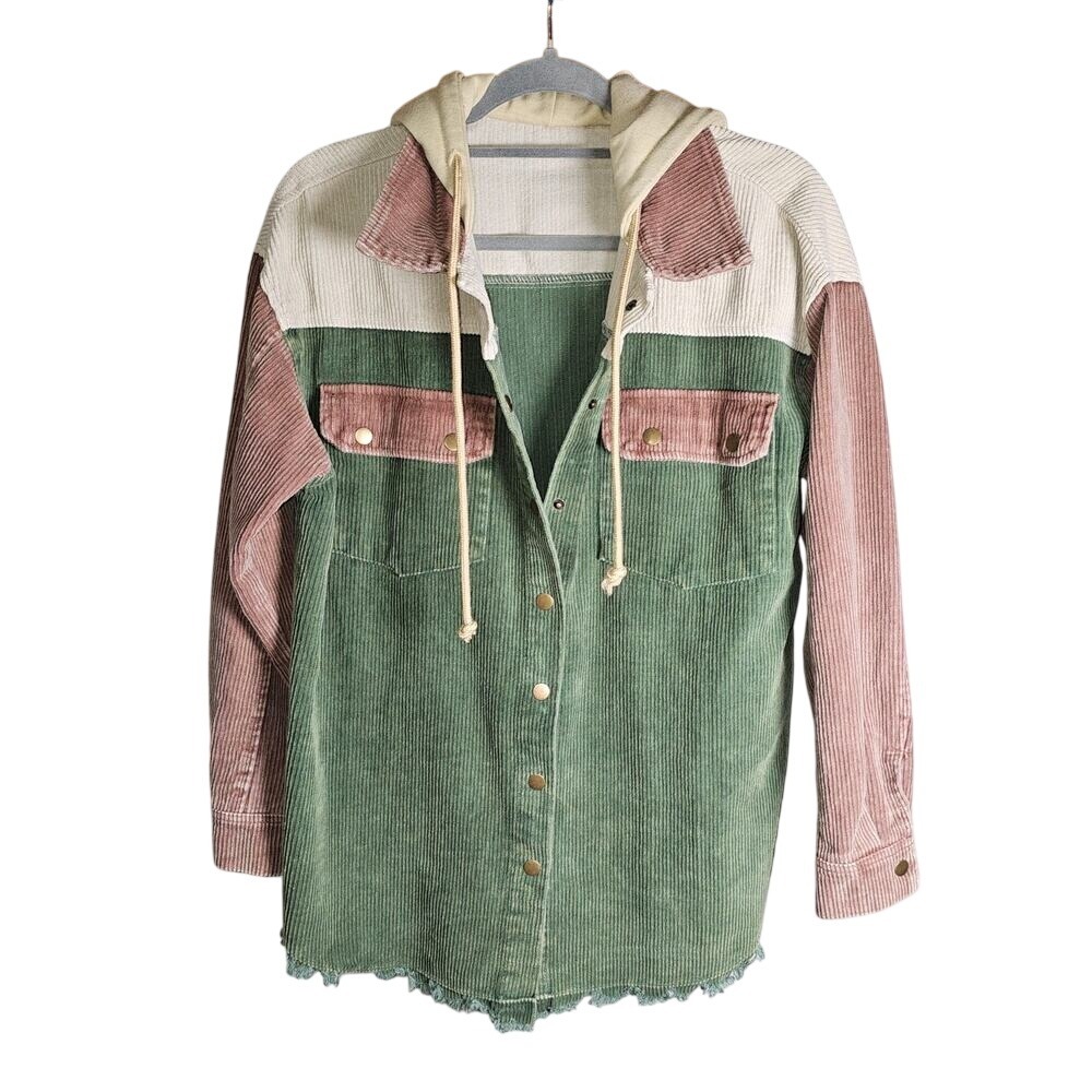 Corduroy Snap Up Jackey Green Tan Hooded Shacket Medium Frayed Hem